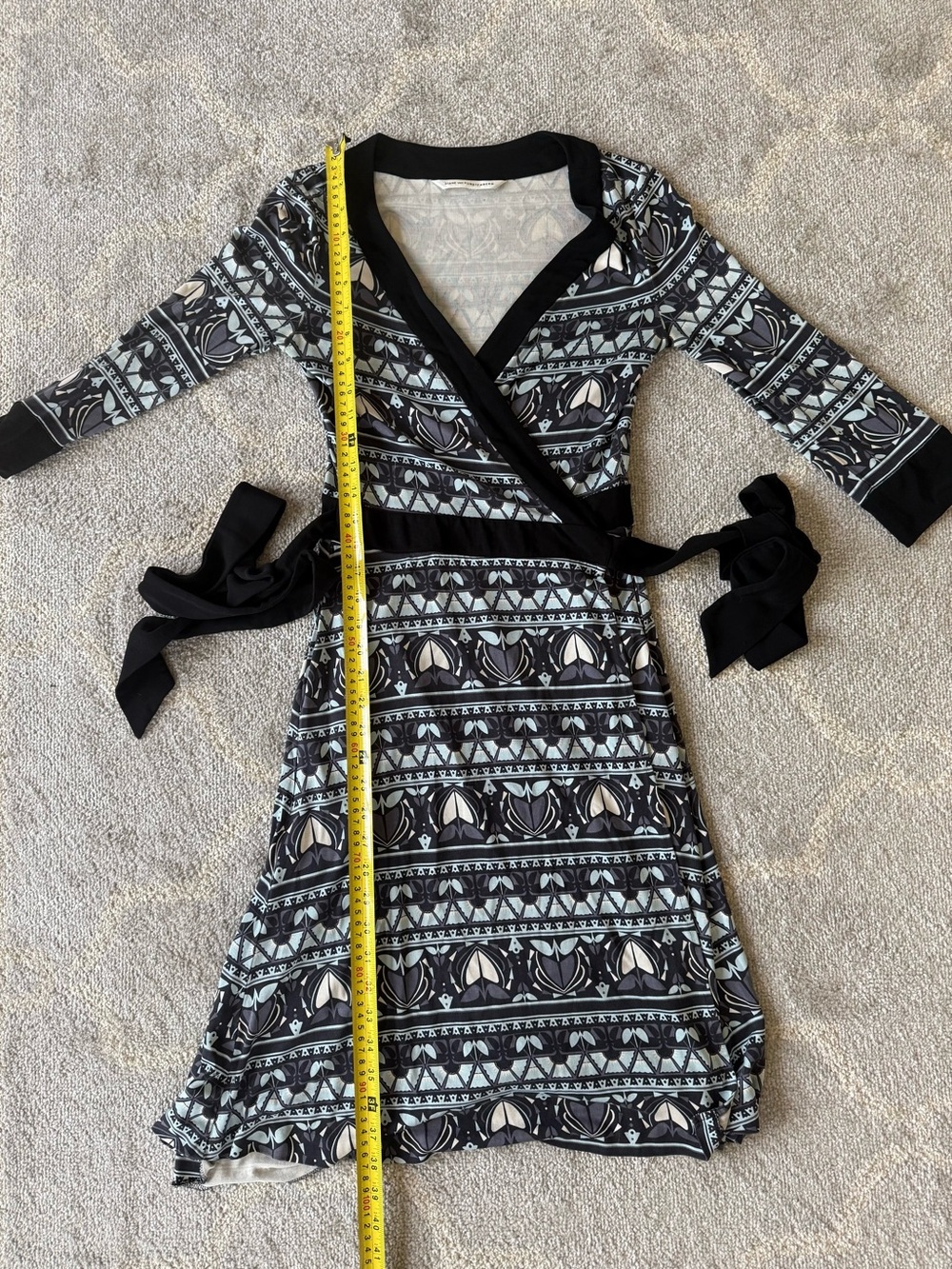 Diane Von Furstenberg Black and Light Blue Patterned Wrap Midi Dress - Picture 6 of 6